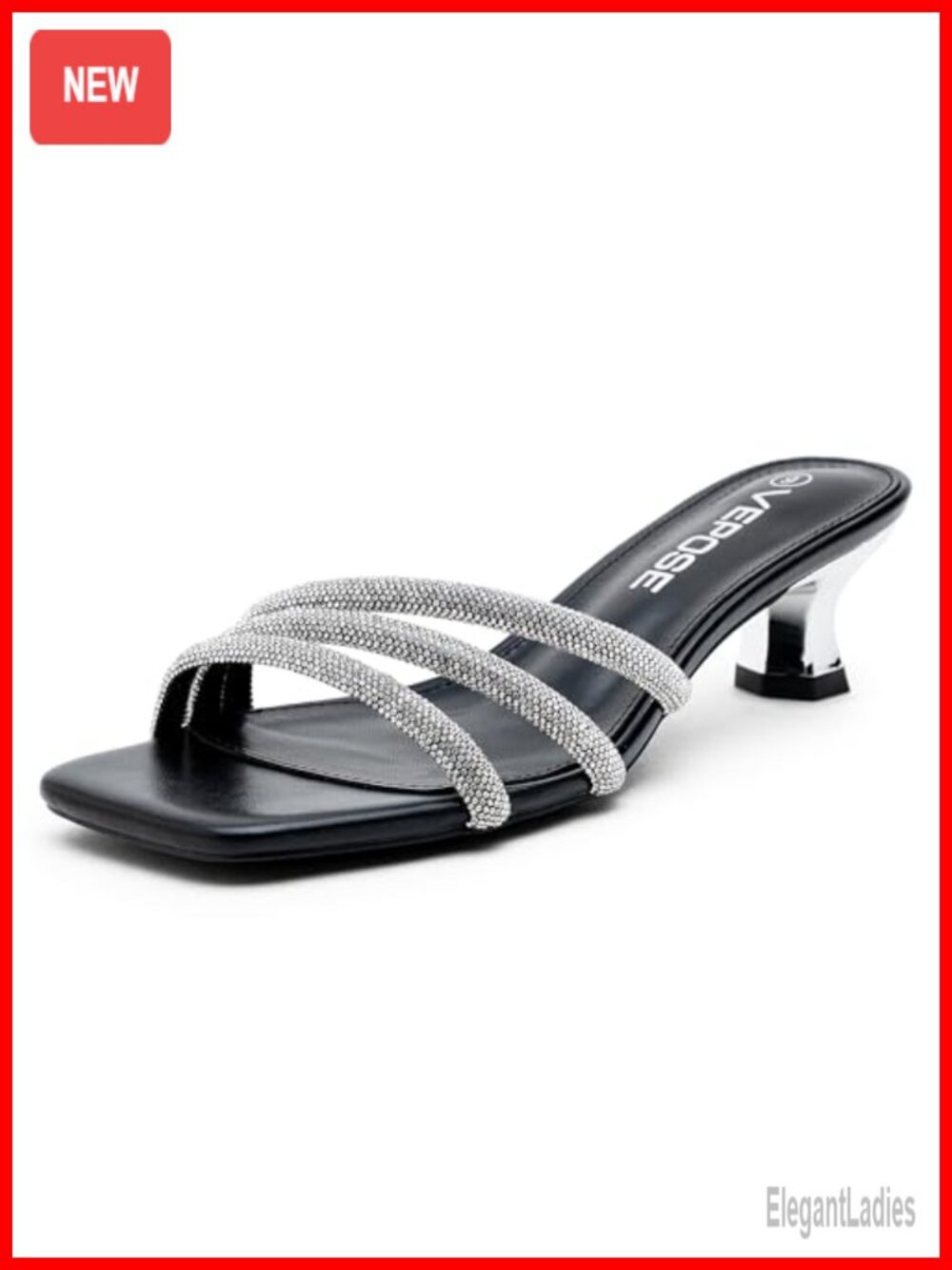 Rhinestone Kitten Heel Sandals Square Open Toe Mules Slip-On Dressy